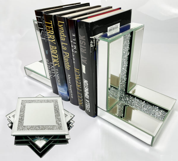 Mirrored Glass Crushed Diamante Crystal Bookends & 6 Glitter Mirrror Coasters - CD185