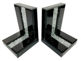 Black High Gloss Glass Prism Crystal Bookends & 6 Glitter Mirrror Coasters - CD186