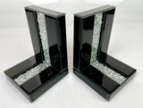 Black High Gloss Glass Prism Crystal Bookends & 6 Glitter Mirrror Coasters - CD186