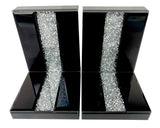 Black High Gloss Glass Prism Crystal Bookends & 6 Glitter Mirrror Coasters - CD186