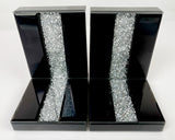 Black High Gloss Glass Prism Crystal Bookends & 6 Glitter Mirrror Coasters - CD186
