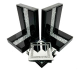 Black High Gloss Glass Prism Crystal Bookends & 6 Glitter Mirrror Coasters - CD186