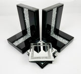 Black High Gloss Glass Prism Crystal Bookends & 6 Glitter Mirrror Coasters - CD186