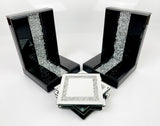 Black High Gloss Glass Prism Crystal Bookends & 6 Glitter Mirrror Coasters - CD186