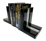 Black High Gloss Glass Prism Crystal Bookends & 6 Glitter Mirrror Coasters - CD186
