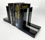 Black High Gloss Glass Prism Crystal Bookends & 6 Glitter Mirrror Coasters - CD186