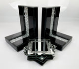 Black High Gloss Glass Prism Crystal Bookends & 6 Glitter Mirrror Coasters - CD186