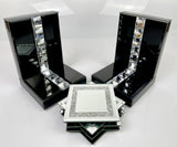 Black High Gloss Glass Prism Crystal Bookends & 6 Glitter Mirrror Coasters - CD188