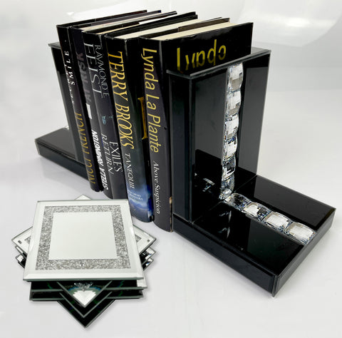 Black High Gloss Glass Prism Crystal Bookends & 6 Glitter Mirrror Coasters - CD188