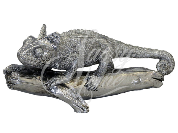 Silver Electroplated Chameleon on Log Ornament - NY009