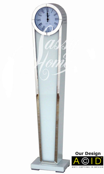 Round Mirrored & White Glass Long Case Clock - CD146