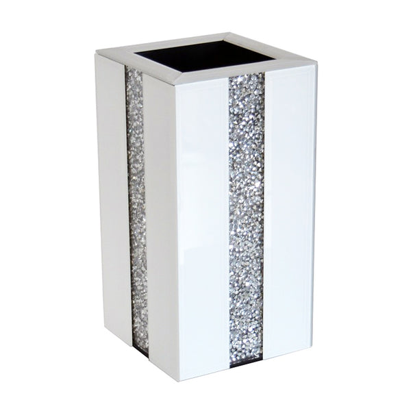 White Gloss Glass & Diamante Crystal Square Pillar Vase - CD182